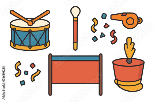 Snare drum, whistle, banner, shako hat, and mace for a festive parade or carnival