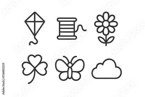 Outline icons set featuring spring and summer elements like kite, butterfly, flower, and cloud