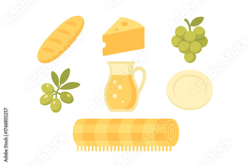 Picnic and Mediterranean food elements set with bread, cheese, grapes, olives, and oil