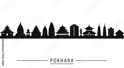Pokhara cityscape silhouette featuring iconic landmarks and temples