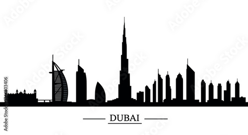 Dubai skyline silhouette featuring iconic burj khalifa and cityscape landmarks