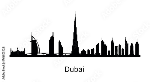 Dubai skyline silhouette featuring iconic landmarks in black and white
