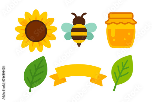 Flat design elements set featuring sunflower, striped bee, honey jar, leaves, and yellow banner