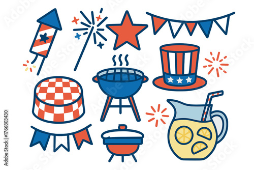 Patriotic celebration icons set featuring fireworks, barbecue grill, lemonade, and American flag hat