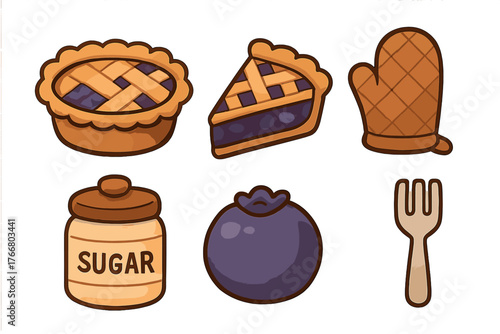 Set of baking and dessert elements including blueberry pie slice sugar jar and oven mitt