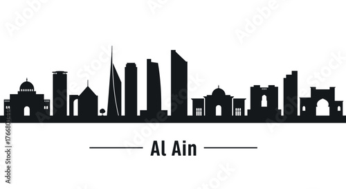 Al ain cityscape silhouette with iconic landmarks in black