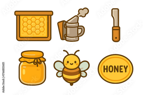 Beekeeping tools and honey products set including smoker, jar, honeycomb, and bee character
