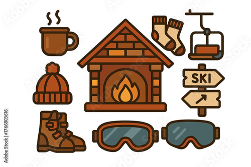 Winter and ski resort items set including fireplace, hot drink, goggles, boots, and chairlift