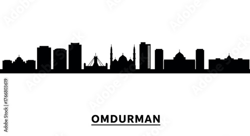 Omdurman city skyline silhouette with iconic landmarks in black
