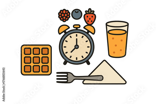 Morning breakfast setting with alarm clock, sweet waffle, fresh berries, and orange juice glass