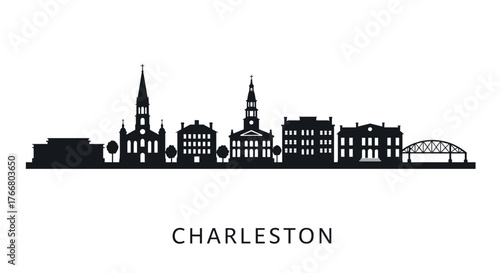 Charleston cityscape silhouette featuring iconic historic buildings