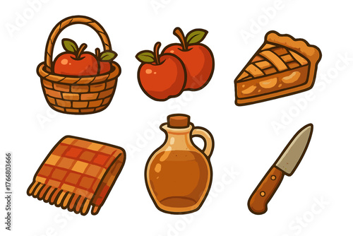 Autumn harvest picnic set with apples, pie slice, cider pitcher, blanket, and knife