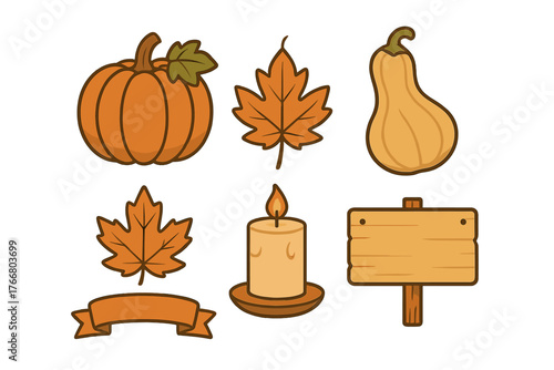 Autumn harvest collection featuring pumpkin, squash, maple leaves, candle, and wooden sign