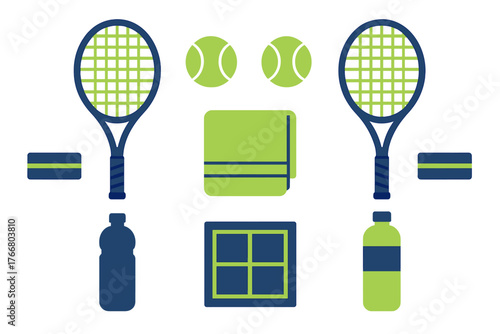 Collection of tennis sports equipment and accessories in blue and green colors