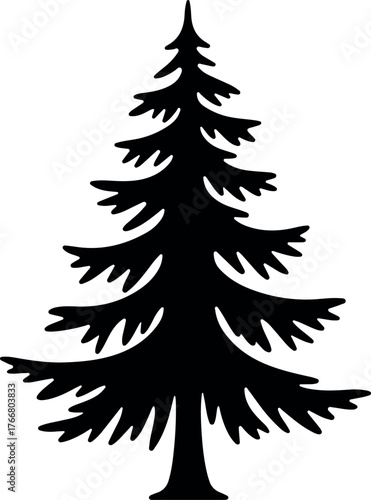 Black silhouette of a tall evergreen pine tree with a conical shape and layered branches against a white background