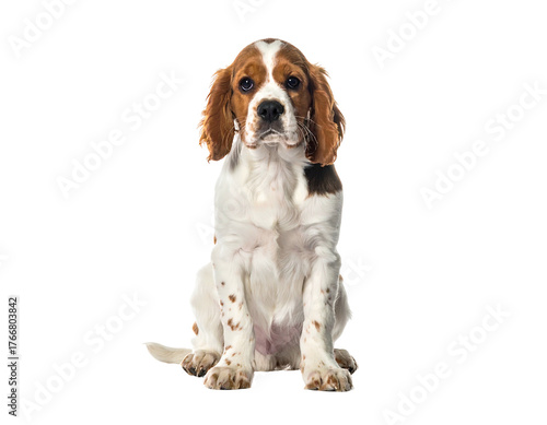 A cute young dog sits, facing forward with kind eyes; white fur with brown patches against a black background