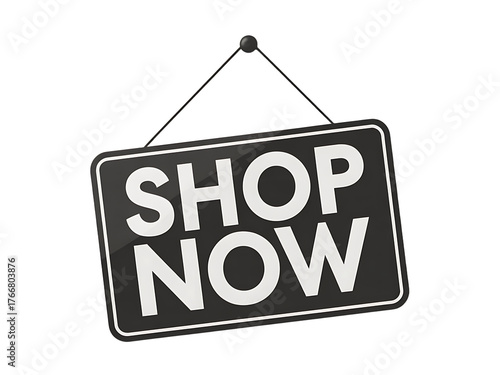 A black and white hanging sign with the words shop now in bold white letters against a solid black background perfect for retail promotions