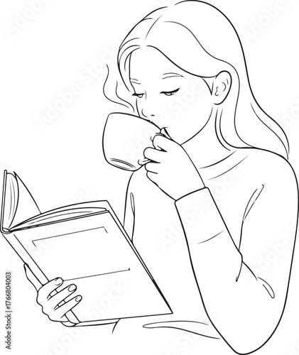 Serene woman enjoys warm coffee while engrossed in a captivating book, seeking calm moments.