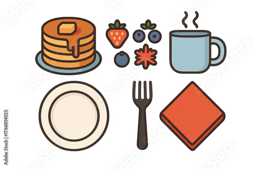 Delicious breakfast food items including pancakes, berries, coffee mug, plate, fork, and napkin