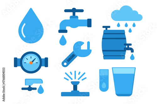 Blue icons collection for water supply, plumbing, conservation, and rain harvesting