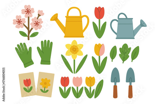 Colorful spring flowers, gardening equipment, and seed packets for planting season