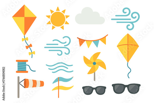 Collection of flat design icons representing wind, sun, kites, and outdoor spring or summer activities