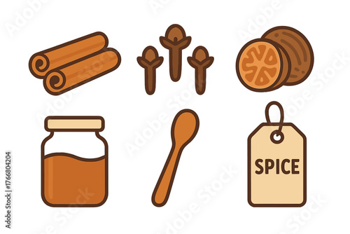 Collection of kitchen spices and cooking items including cinnamon, cloves, and nutmeg