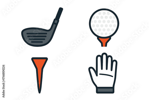 Set of essential golf equipment symbols including club head, ball on tee, separate tee, and glove