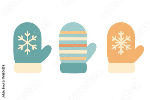 Set of three colorful winter mittens featuring snowflake and striped patterns for seasonal design