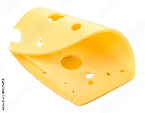 A folded, yellow cheese slice, showing circular holes and a slightly translucent quality against a black backdrop