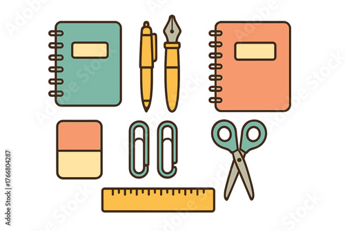 Colorful collection of school and office stationery supplies including notebooks pens ruler and scissors