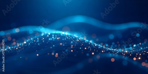 Abstract blue digital wave with glowing particles, smooth undulating surface, futuristic technology background, data visualization, and dynamic movement