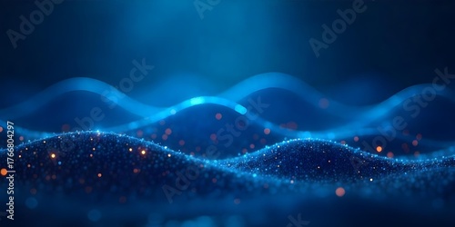 Abstract blue digital wave with glowing particles, smooth undulating surface, futuristic technology background, data visualization, and dynamic movement