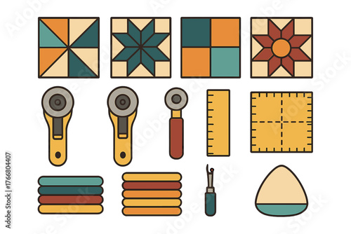 Quilting and sewing tools set with rotary cutters, measuring rulers, and colorful fabric patterns