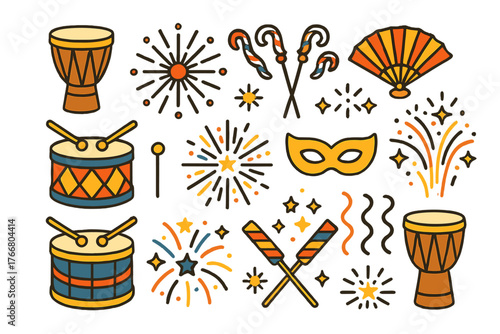 Festive celebration icons featuring drums, fireworks, masquerade mask, and party accessories