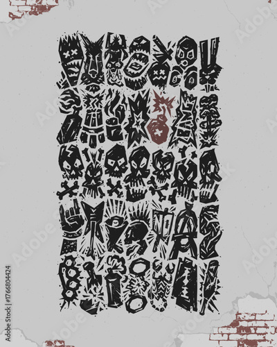 Vector collection of expressive illustrations in urban graffiti stencil style painted on an old brick wall.