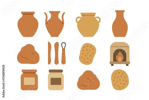 Collection of pottery and ceramics elements including clay tools vases jars and kiln