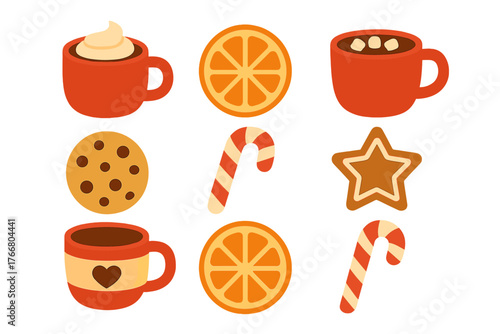 A collection of cozy winter hot drinks and festive holiday sweets including hot chocolate, gingerbread, and candy canes