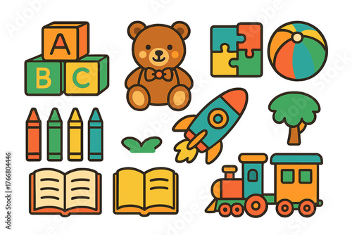 Colorful collection of children's toys and learning objects including blocks teddy bear rocket and train
