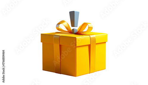 Yellow, 3D gift box wrapped with golden ribbon, adorned with a gray exclamation point on a black backdrop