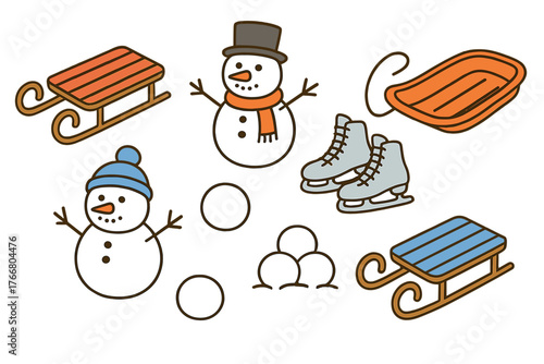 Collection of winter sports and holiday items: snowmen, sleds, toboggan, ice skates, and snowballs