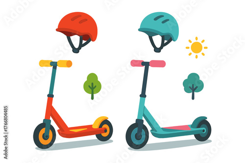 Colorful kick scooters and safety helmets with sun and trees for summer recreation