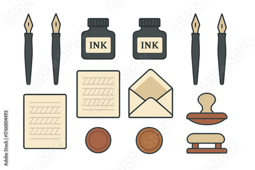 Vintage writing and correspondence tools set with ink bottles and dip pens