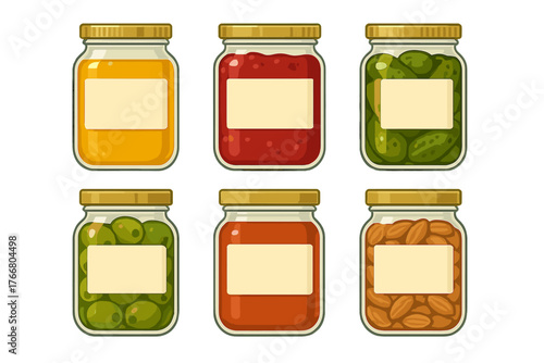 Six glass jars filled with preserved foods including jam, pickles, olives, and nuts on white background