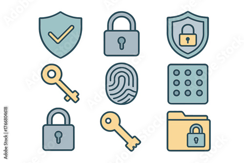 Shield, padlock, key, fingerprint, and folder lock symbols for digital security and privacy