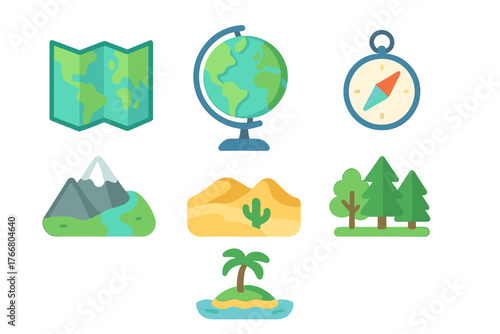 Essential travel and geography symbols set featuring map globe compass mountain desert forest and tropical island