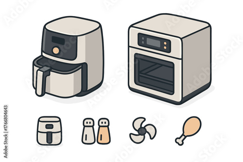 Isometric air fryer oven and basket style appliance with small cooking icons and symbols