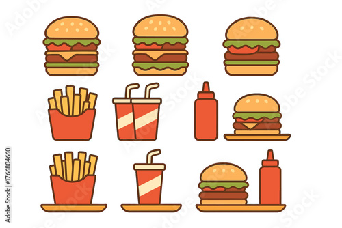 Classic fast food pattern with burgers, french fries, soda, and ketchup bottles