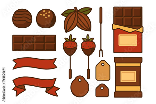 Chocolate sweets, cocoa ingredients, dessert items, and decorative elements collection
