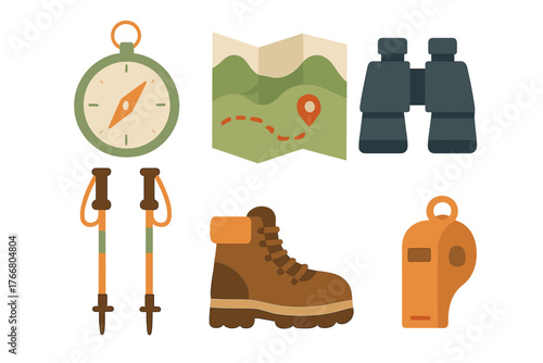 Essential outdoor adventure and hiking equipment set featuring compass map binoculars boots and trekking poles